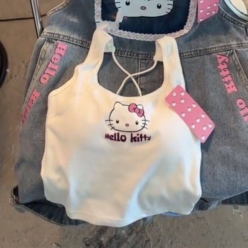 Sanrio Modekleidung Hello Kitty Top mit Brustpolster Süßes Mädchen Sommer Cool Cut Top Weiß Sexy Hosenträger Mädchen Geburtstagsgeschenk