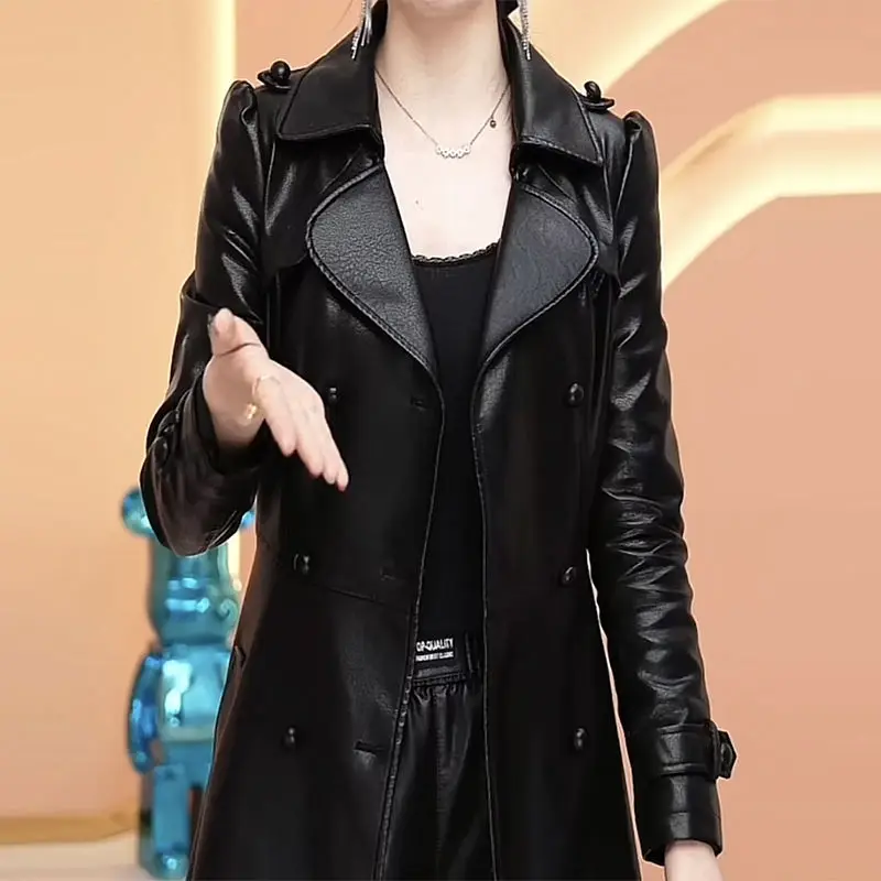 2023 frühling Herbst Neue Mode Minimal Pendeln PU Leder Mantel Frauen Mid-länge Temperament Kleine Taille Waschen Lose Mantel