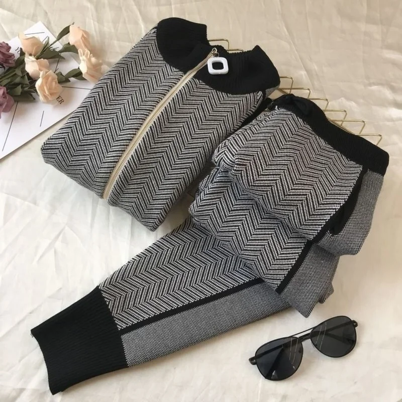 Phù Hợp Với Áo Nữ Dây Kéo Dệt Kim Cổ Tim Áo Len + Quần Bộ Thời Trang Nữ Dệt Kim Cổ 2 Bộ Trang Phục Trang Phục Y476
