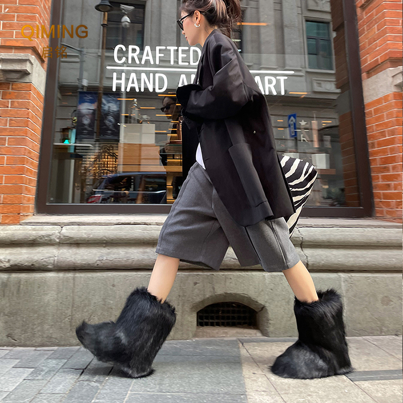 Botas de piel sintética para mujer, botas de nieve cálidas y esponjosas de felpa a media pantorrilla, botas peludas de moda de lujo, zapatos planos cómodos para exteriores