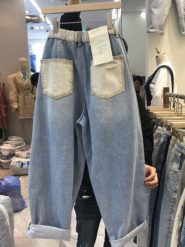 8874 新着ユーズド加工トレンディなストリートジーンズ女性のための春ハイウエストジッパーストレートカジュアルルーズブルーデニムパンツ