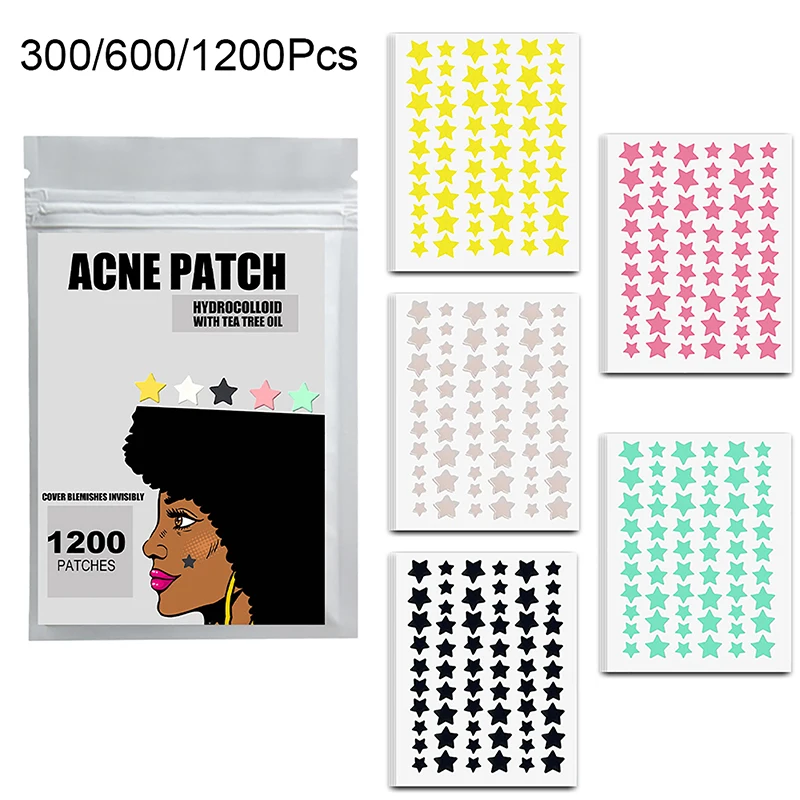 Juego de parches de estrellas para eliminar el acné, pegatinas invisibles de colores para el cuidado de la piel, 300/600/1200 piezas