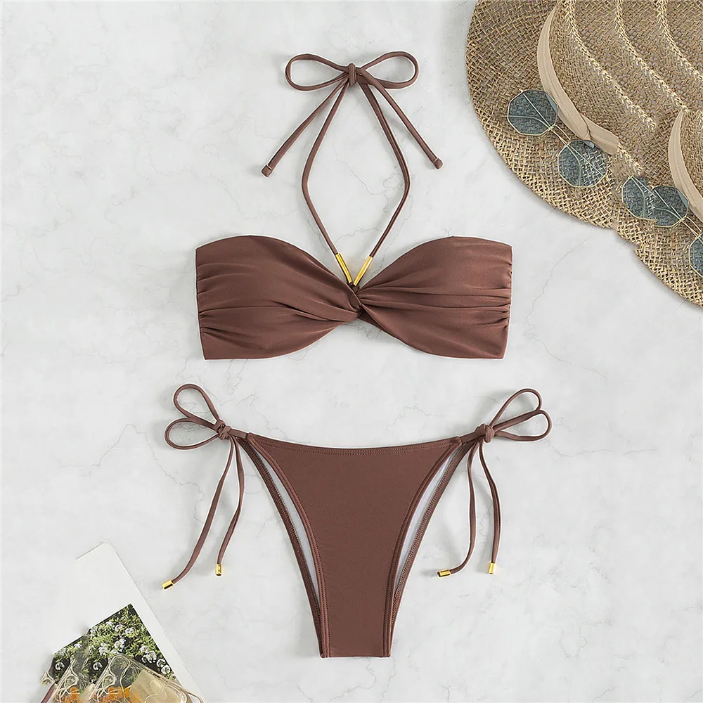 Maillot de bain marron String licou Bandeau Bikinis ensembles Micro String Sexy maillot de bain femmes dos noué maillot de bain Bikini Mujer 2025