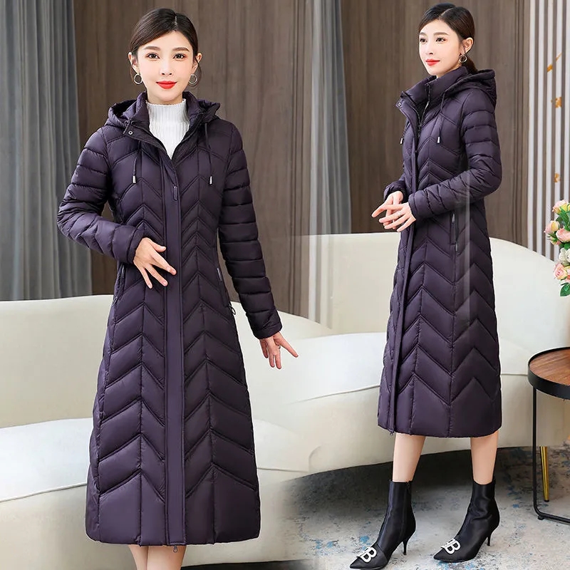 Chaqueta larga de algodón para mamá, abrigo ajustado con capucha a la moda para invierno, abrigo Parker cálido para mujer, chaquetas informales sólidas para mujer 2025