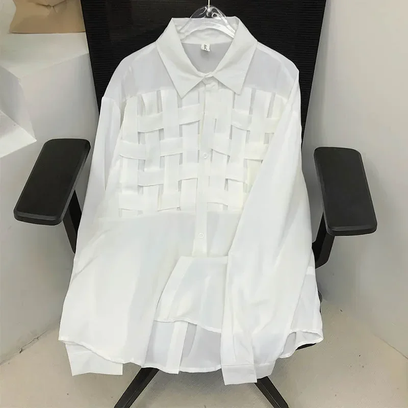 EBAIHUI, camisas lisas con agujeros para mujer, solapa, manga larga, cintura suelta, blusa de retales a la moda, camisa informal elegante de poliéster para mujer 2024