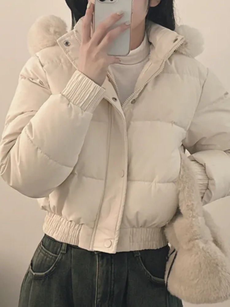 Casaco Curto com Capuz Estiloso e Acolchoado para Outono e Inverno, Jaqueta de Aodão com Forro de Fce para Mulheres