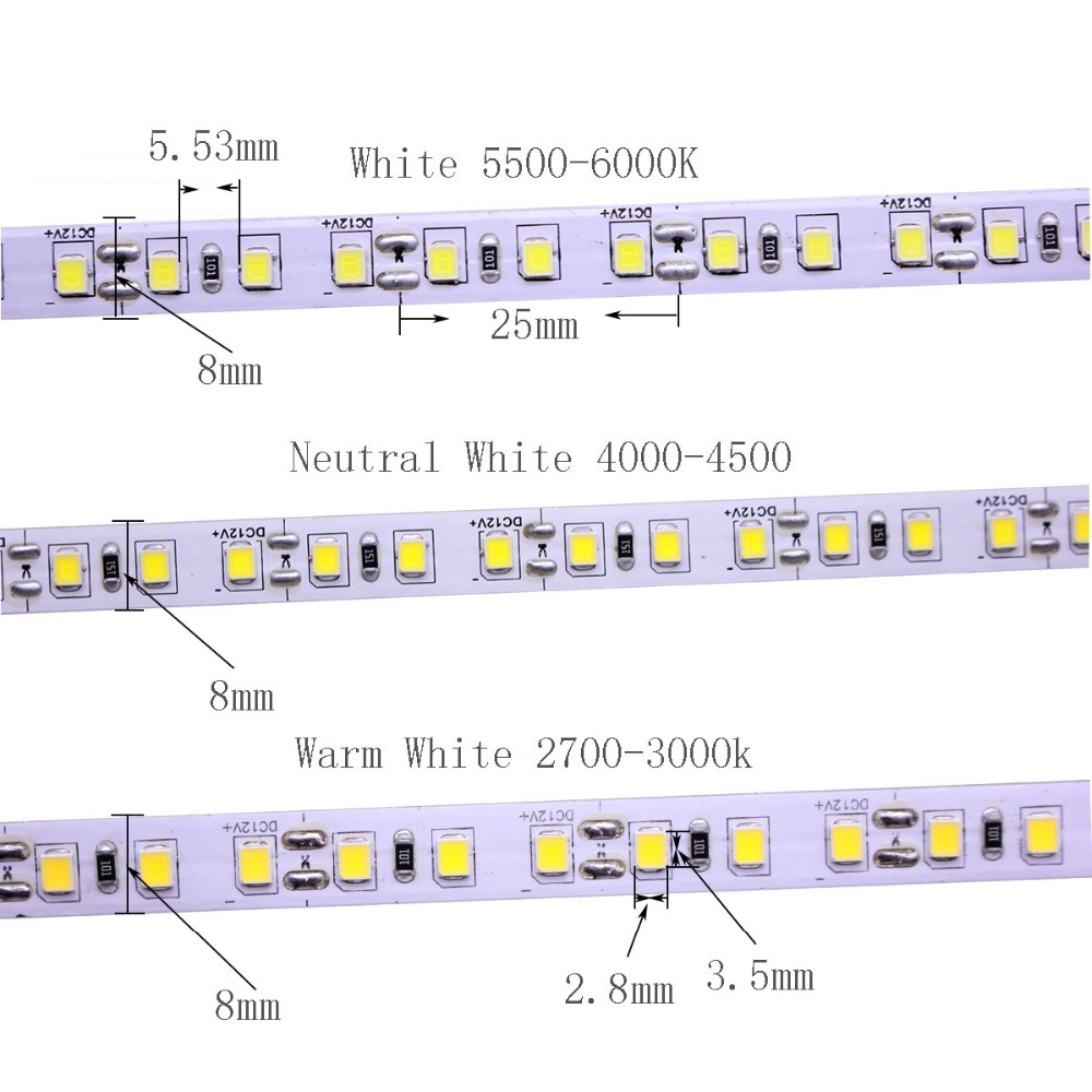 5V 12V 24V 5M 2835 3528 SMD 120leds/m 600Leds/5m 4000K blanco neutro blanco cálido tira de LED Flexible iluminación de cinta no impermeable