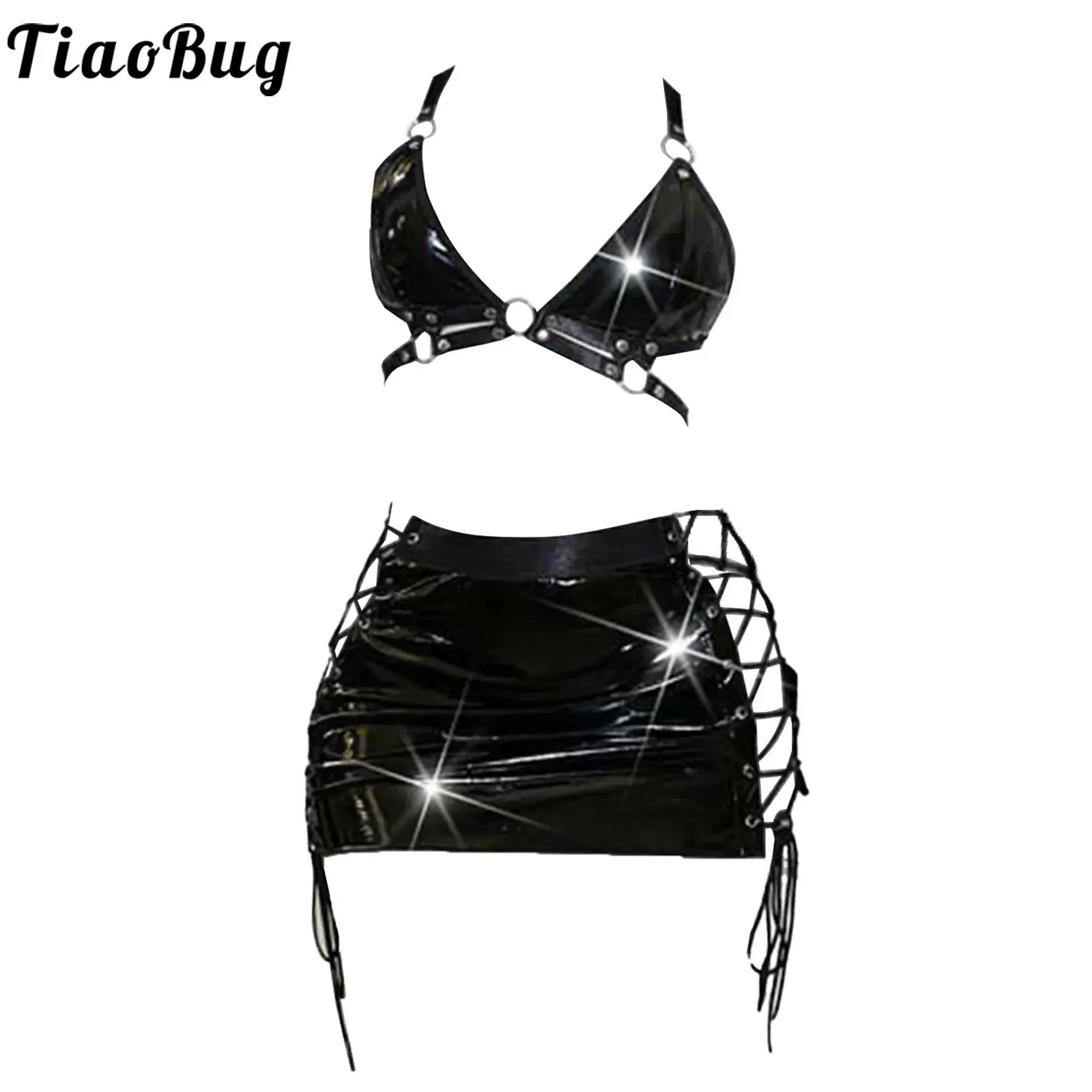 Trajes de charol para mujer, 2 uds., cuello Halter, sujetador sin espalda, Tops cortos con faldas ajustadas, ropa de discoteca, vestidos de fiesta de baile Rave