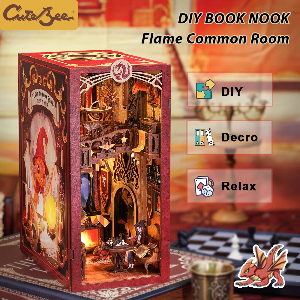 CUTEBEE DIY Book Nook Doll House z oświetleniem LED Osłona przeciwpyłowa Półka na książki Wkładka Dekoracja Model na prezent urodzinowy Eternal Bookstore