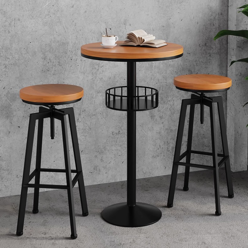 Industrial Style Iron Bar Stool with Footrest Adjustable Height Wooden Counter Chair Minimalist Pub Stool Vintage Reception Seat