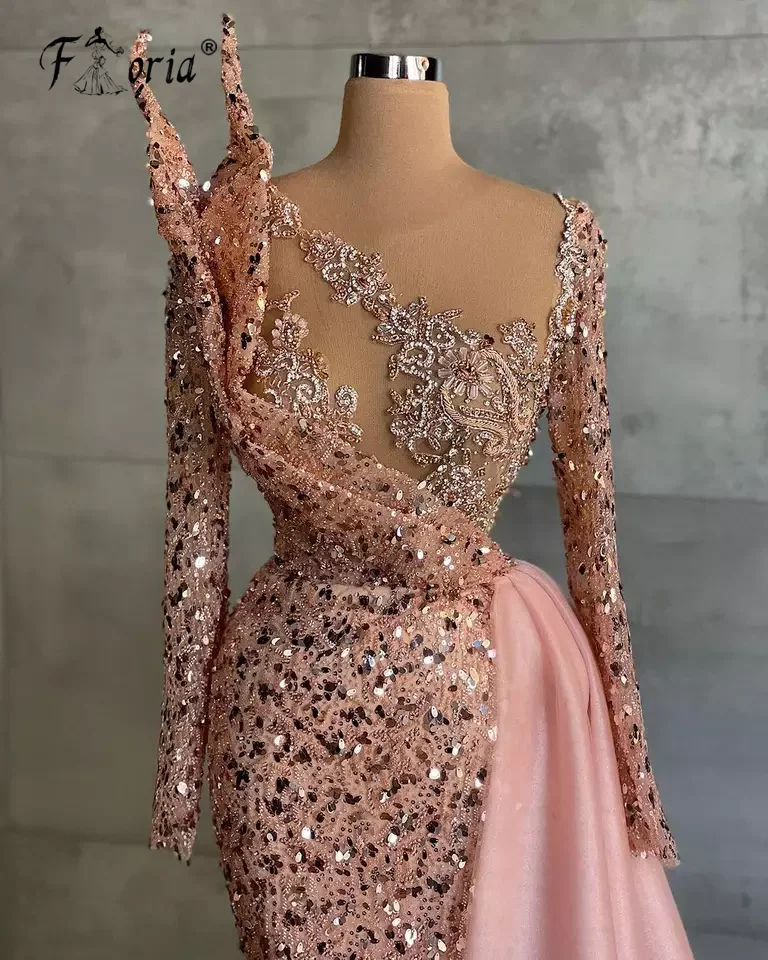 Sparkly Sequined Beads Mermaid Evening Dress Dubai Arabic Sweep Long Ocassion Gown Pink Prom Dresses vestidos semi formales
