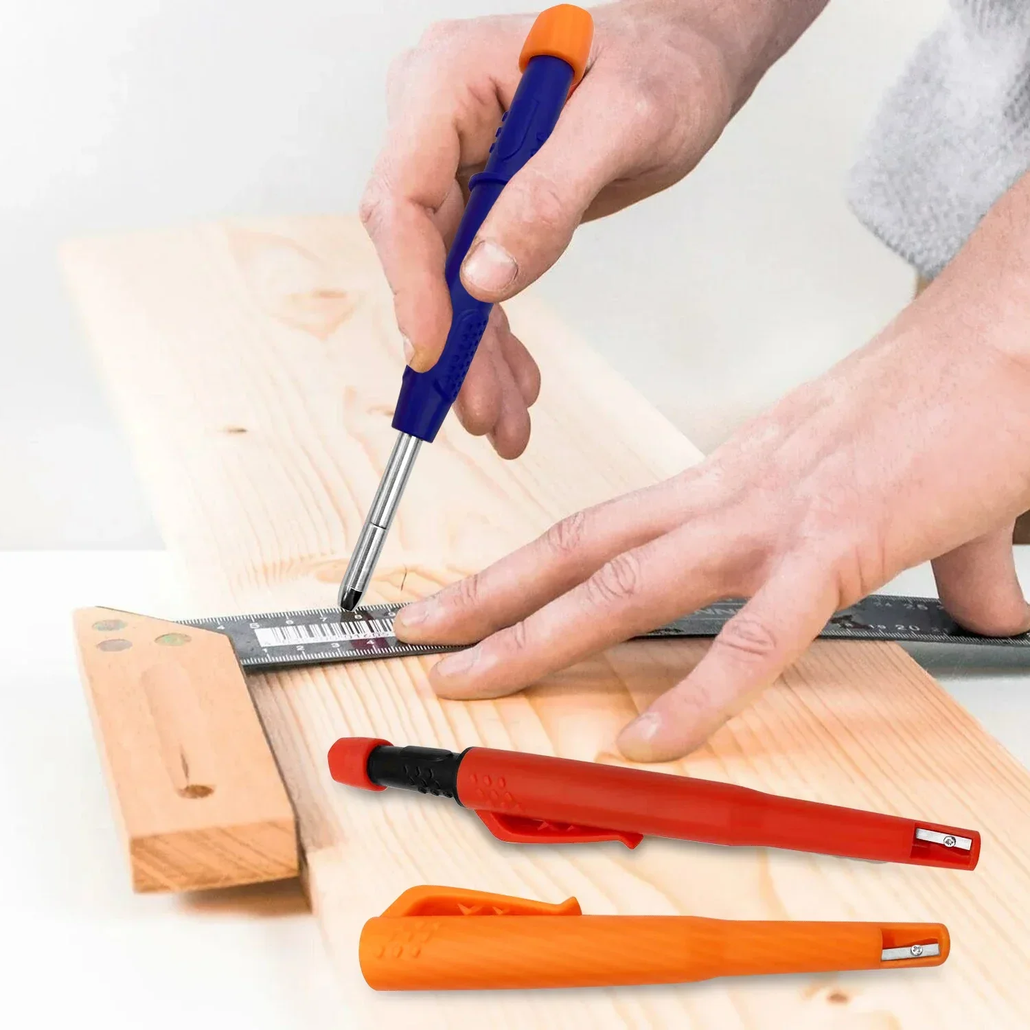 Lápiz mecánico de carpintero sólido, tapa de bolígrafo de diseño de una sola pieza con sacapuntas, lápiz de construcción para carpintería, suministros de papelería