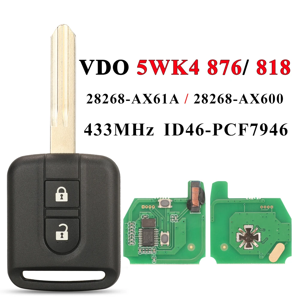 Jingyuqin 5WK4 876/818 433MHz ID46 Chip llavero para Nissan Elgrand X-TRAIL Qashqai Navara Micra Note NV200 2 botones llave remota