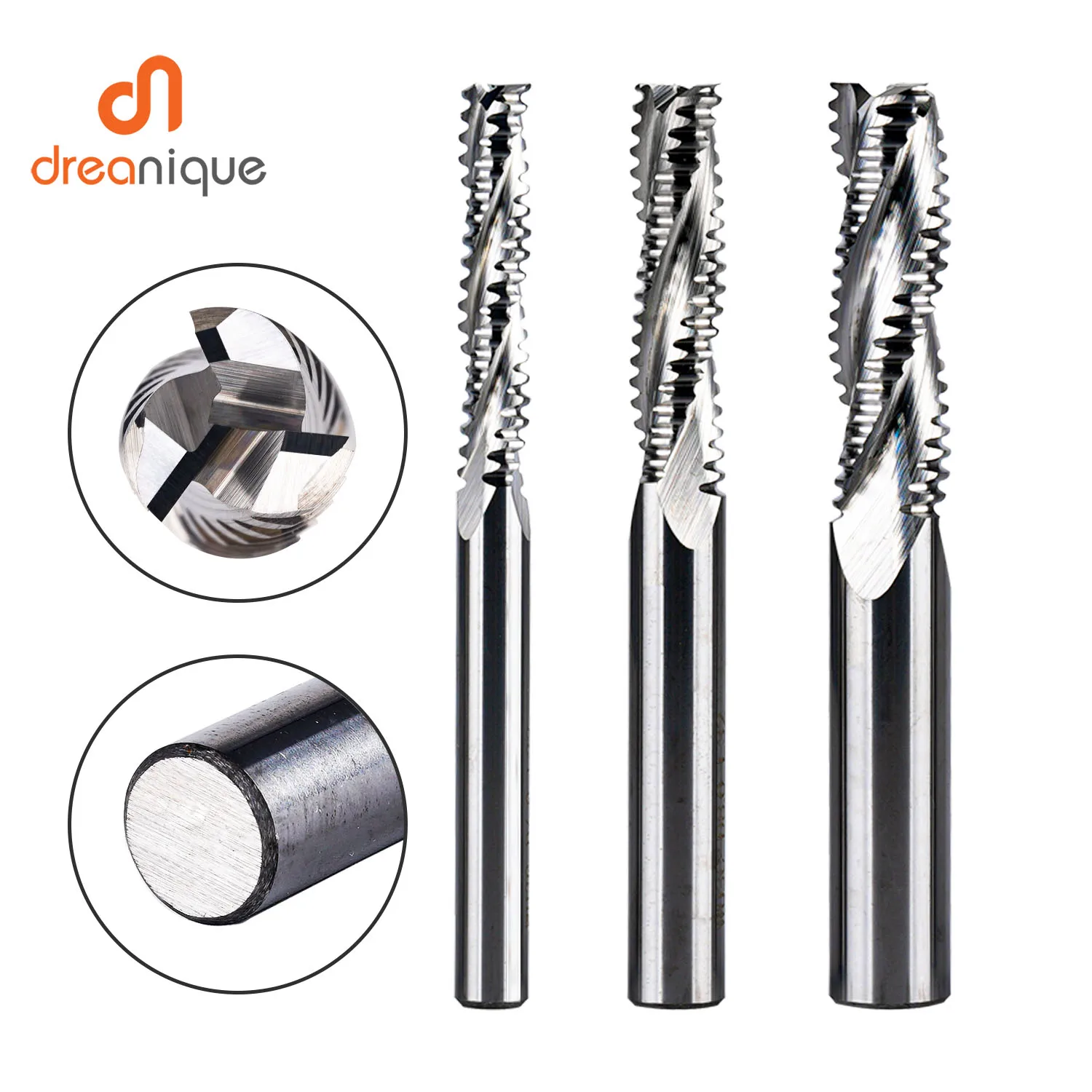 Dreanique 1 PC 3 ขลุ่ยคาร์ไบด์หยาบเครื่องตัด 4 มม.-12 มม.ไม้ Sloting CNC หยาบเกลียว Bit End Mill