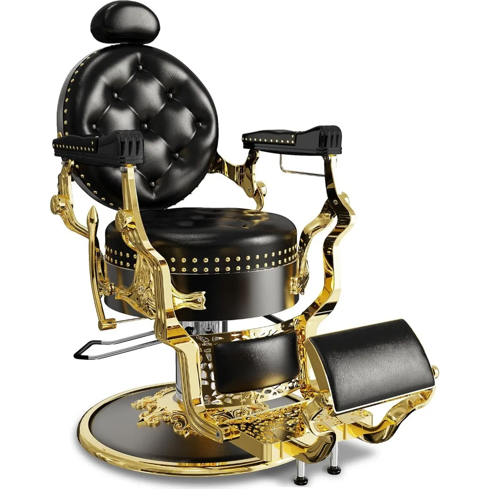 Black and Gold Retro Classic Barber Chair, Heavy-Duty Reclining Barber Chair, Vintage Salon Chair with Exquisite Rivet