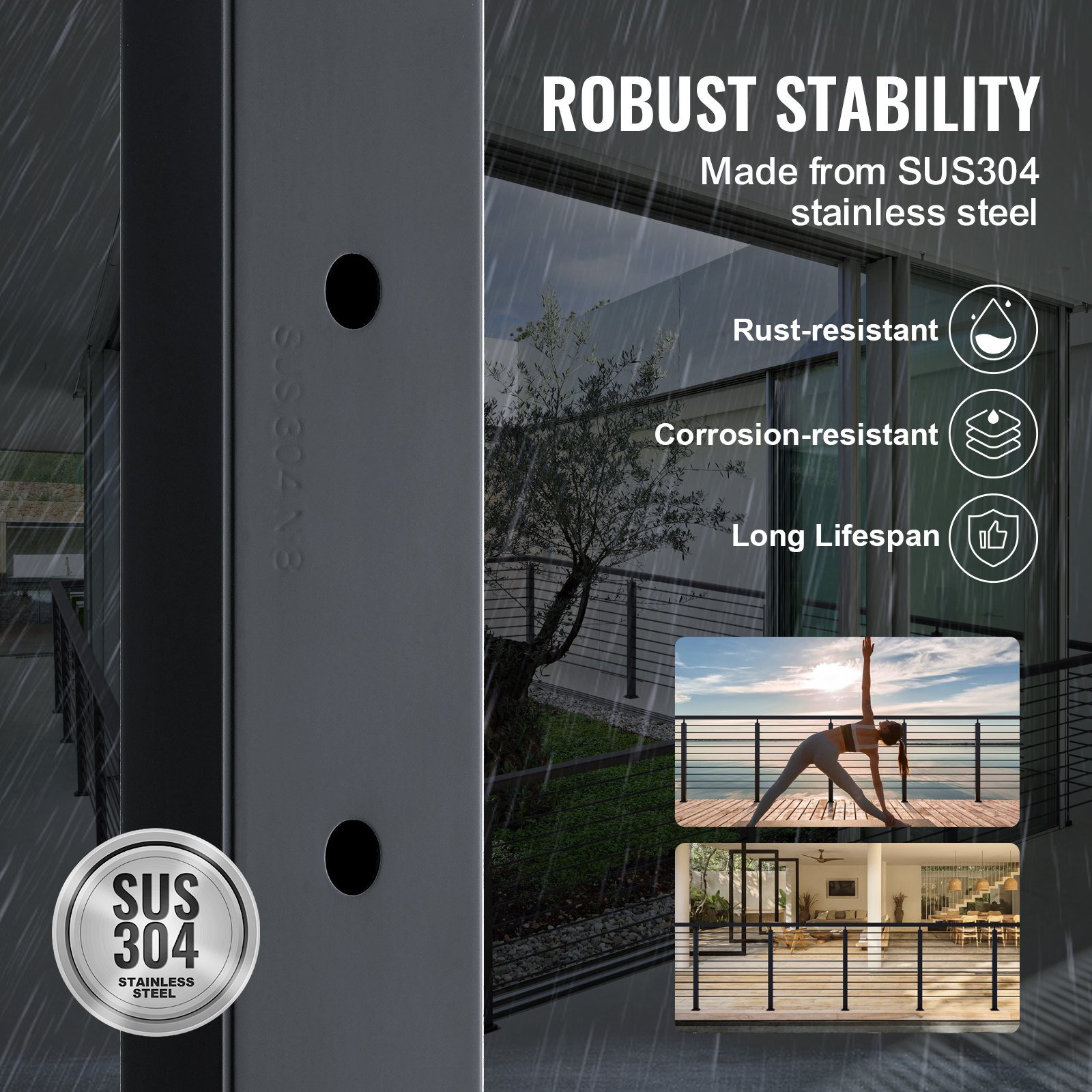 Cable Railing Post Level Deck Stair Post 36 x 0.98 x 1.97" Cable Handrail Post Stainless Steel Brushed Finishing Deck Rail