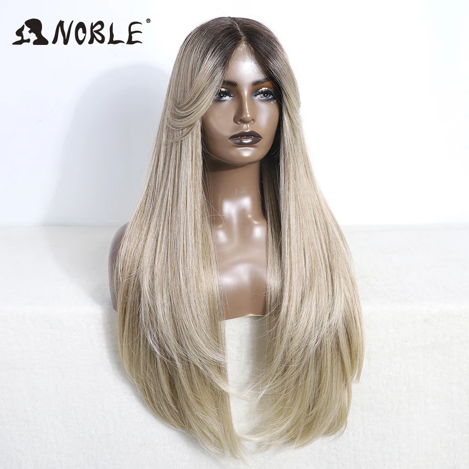Peluca con malla frontal sintética Noble, peluca de encaje con división recta de 30 ", pelucas rubias ombré para mujer, peluca con flequillo, peluca de encaje resistente al calor