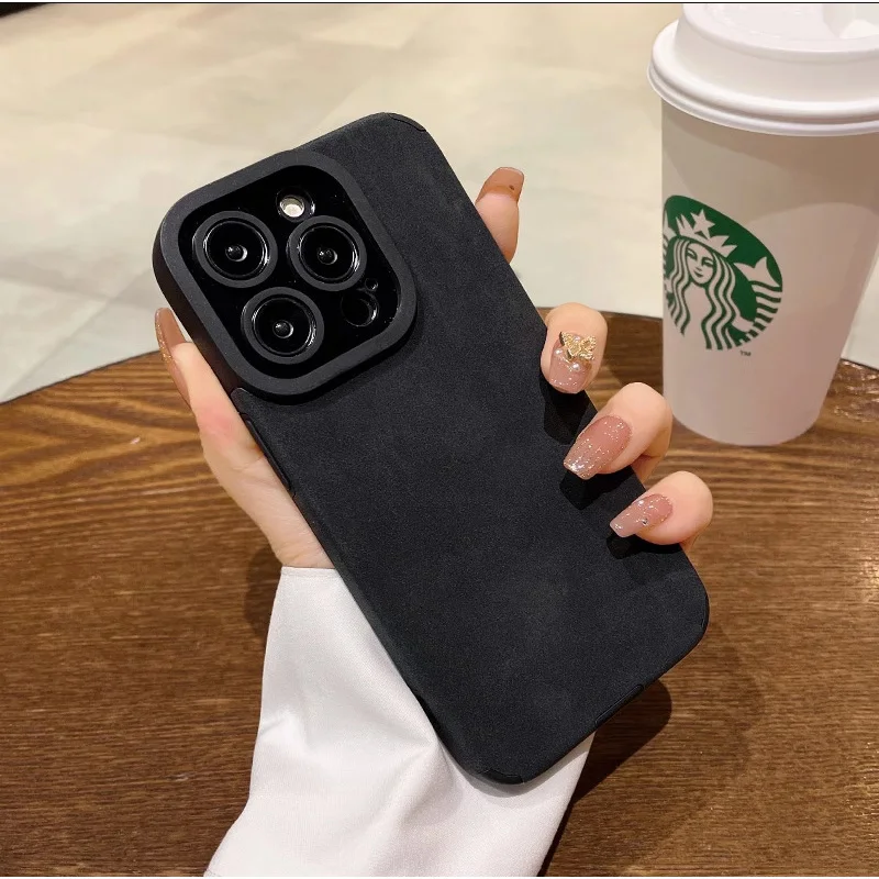 Luxo fosco couro caso de telefone para iphone 16 15 14 13 12 11 pro max plus lente proteção à prova de choque silicone macio capa traseira