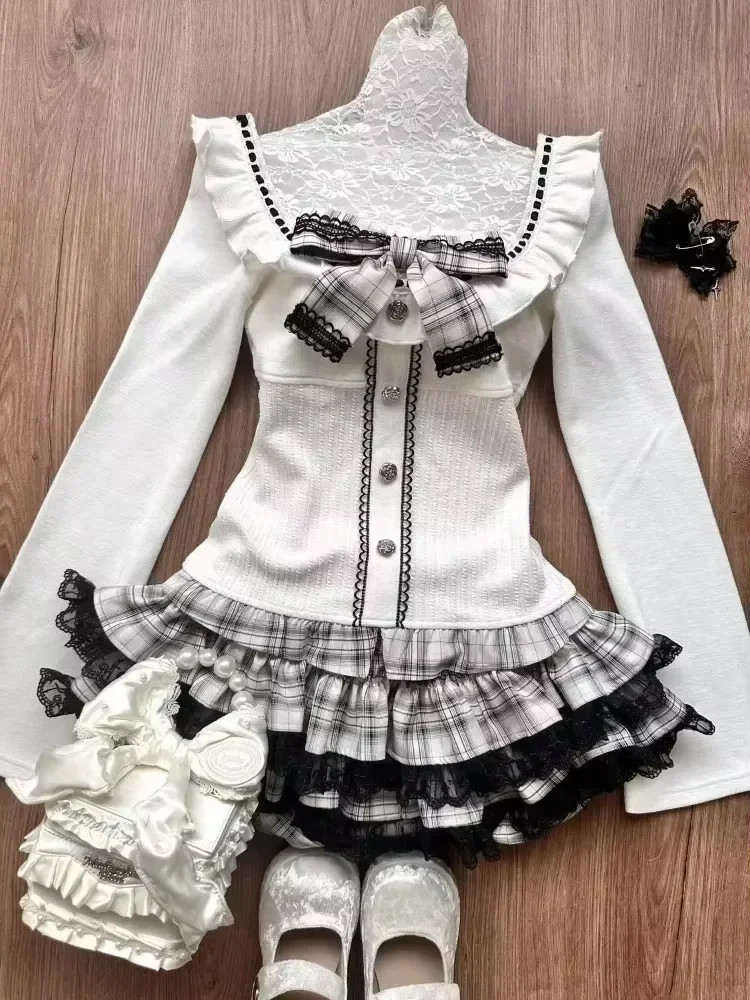 和菓子プレッピースタイルスカートセット女性かわいいレースパッチワークボウトップス + Y2k チェック柄ミニスカートエレガントな衣装 2 点セット