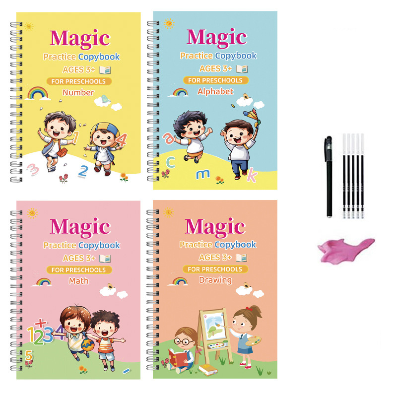 Cuaderno de práctica para copiar magia, bolígrafo para preescolar, caligrafía para niños, versión en inglés, limpieza gratuita, libro de escritura reutilizable, 4 Uds.