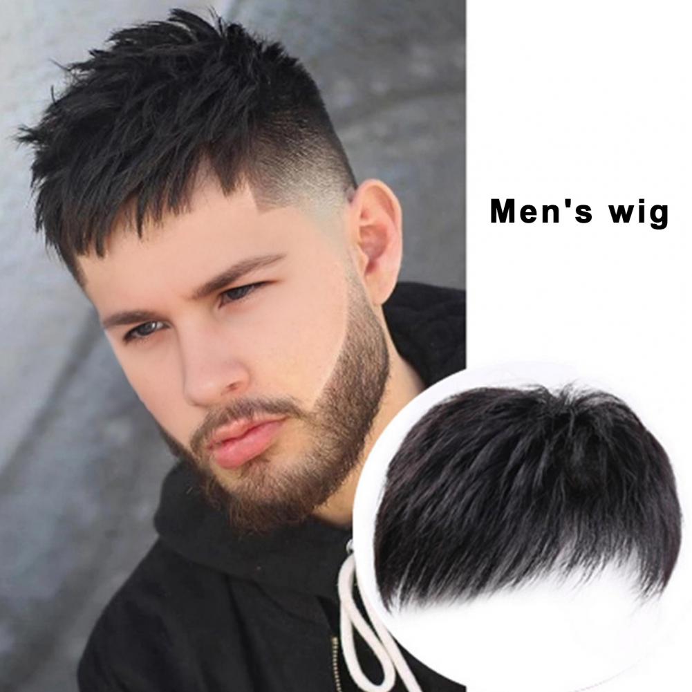 Peluca corta recta de 13cm para hombre con flequillo, cobertura de cabello gris, peluca negra Natural para hombre, suministro de peluca de pelo sintético