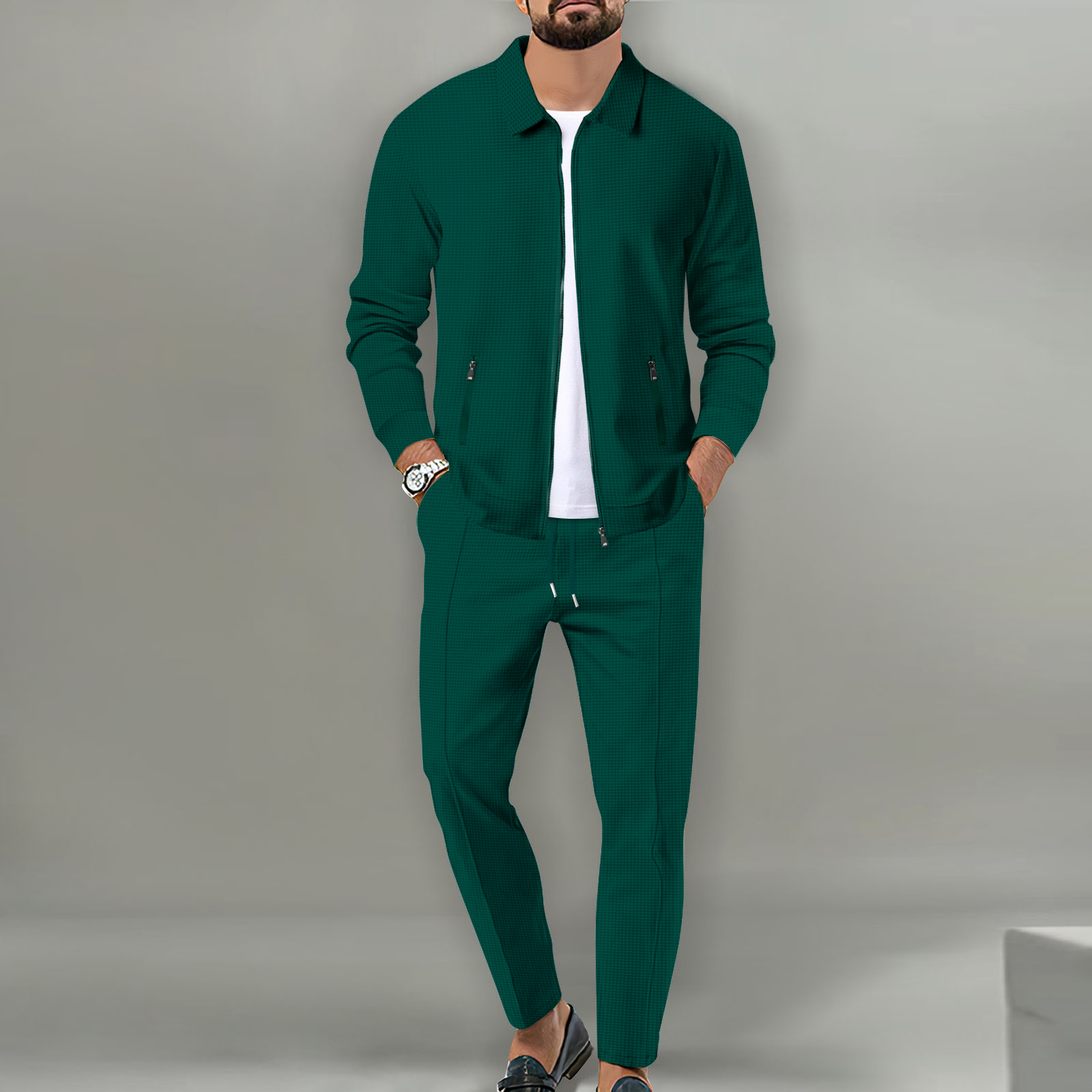 春と秋のベストセラーメンズワッフルスーツ、ソリッドカラー、ジャケットとパンツ、セブンソーラー、S-3XL、ストリートスタイル紳士服