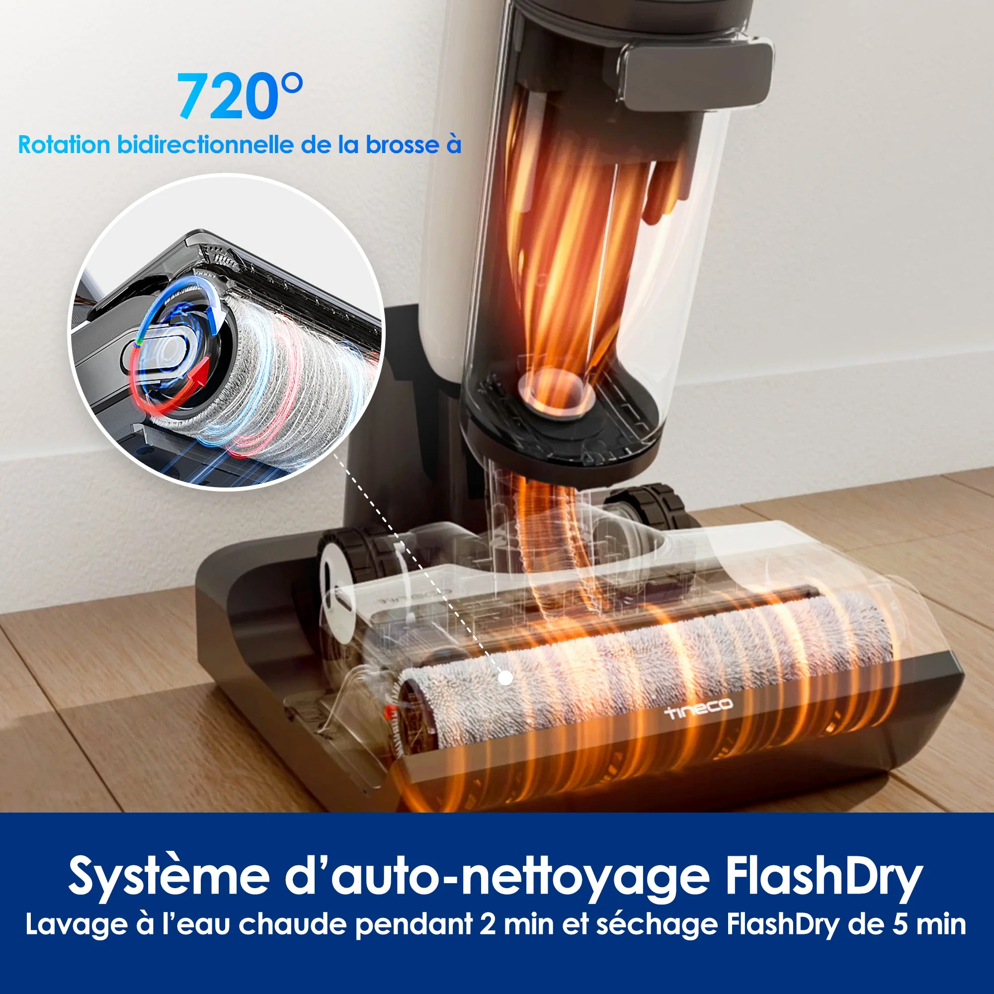 Tineco Floor One S7 FlashDry Nettoyeur de Sol Intelligent sans Fil Aspirateur Sec et Humide Auto-nettoyant Séchage FlashDry à air Chaud à 70°C Nettoyage des Angles des 2 côtés Longue Autonomie