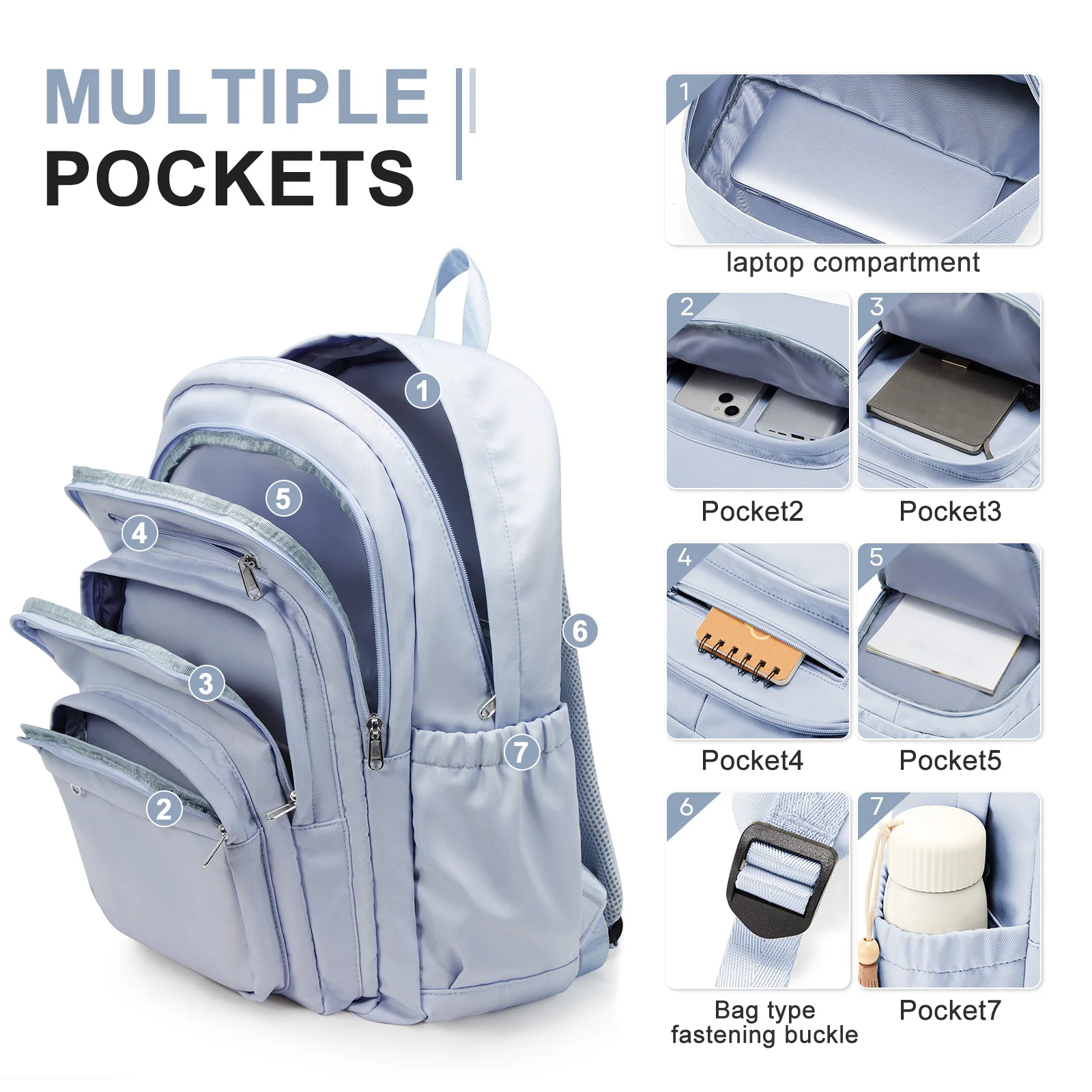 Zaino casual in nylon, zaino da donna, design multitasche in azzurro resistente per la scuola, la scuola superiore e il college