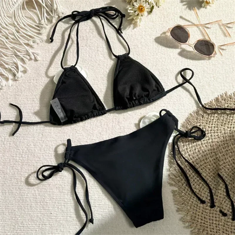 Sexy 3D fleur noir Triangle Bikinis ensembles Micro String maillot de bain femmes String licou maillot de bain Bikini 2025 Mujer Biquinis nager