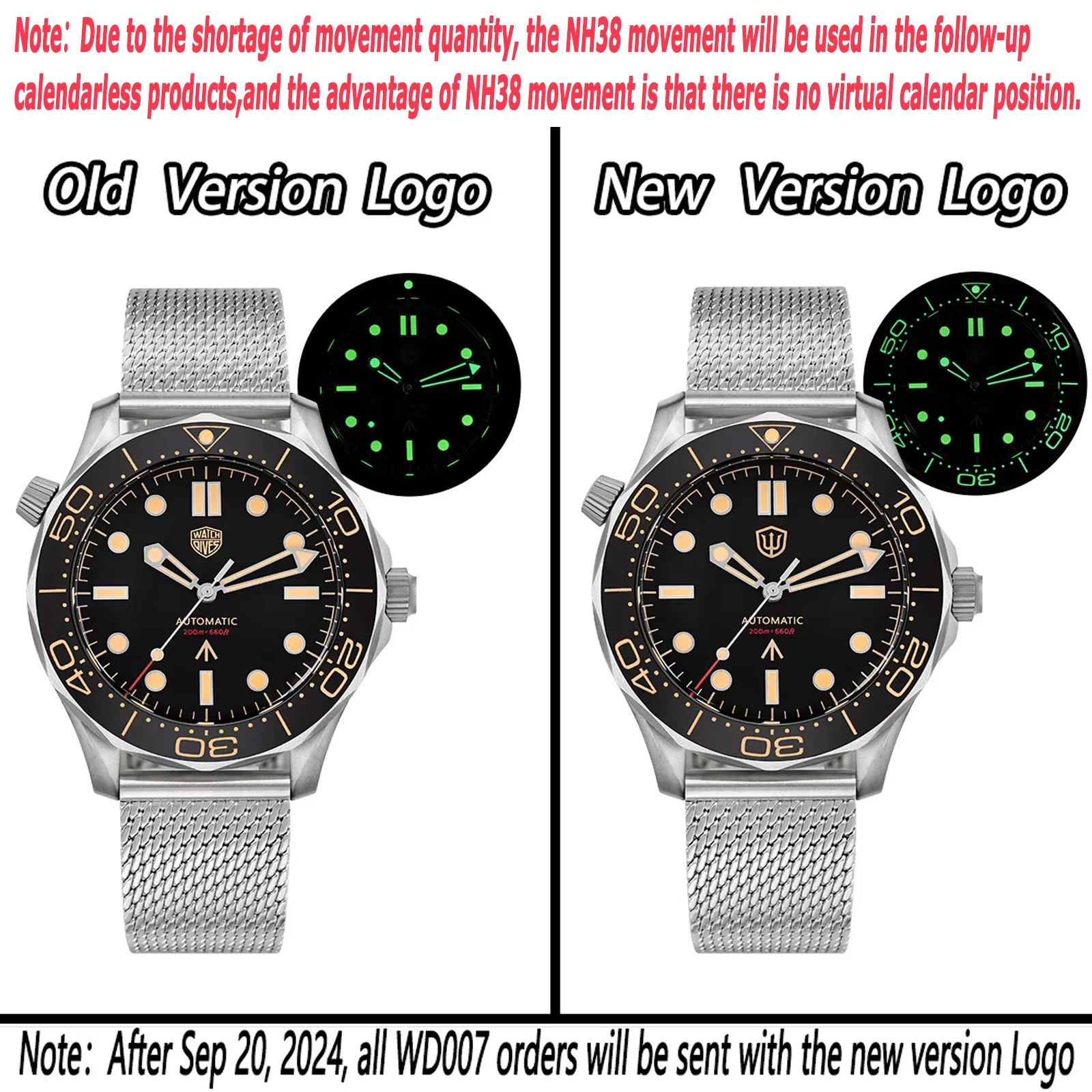 Watchdives WD007 Reloj de buceo automático NH35/NH38 Movimiento C3 Relojes de cristal de zafiro con cúpula luminosa 007 Reloj de pulsera estilo NTTD