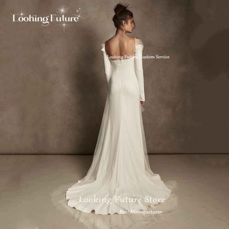 Aangepaste elegante tule rechte trouwjurken off-shoulder plooi lange mouwen bruidsjurken sexy strapless backless vetersluiting