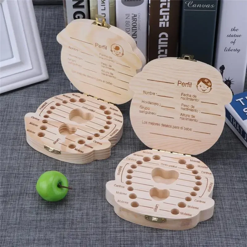1/2 pçs-caixa de dente de bebê espanhol de madeira crianças leite dentes organizador armazenamento meninos meninas lembranças do bebê presentes lembranças