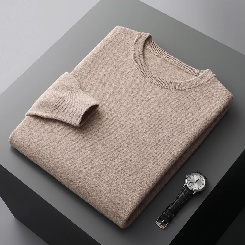 ขนสัตว์ Merino 100% เสื้อกันหนาวผู้ชาย O-คอถักเสื้อแขนยาวผู้ชาย Basic สีทึบสบายๆแฟช...