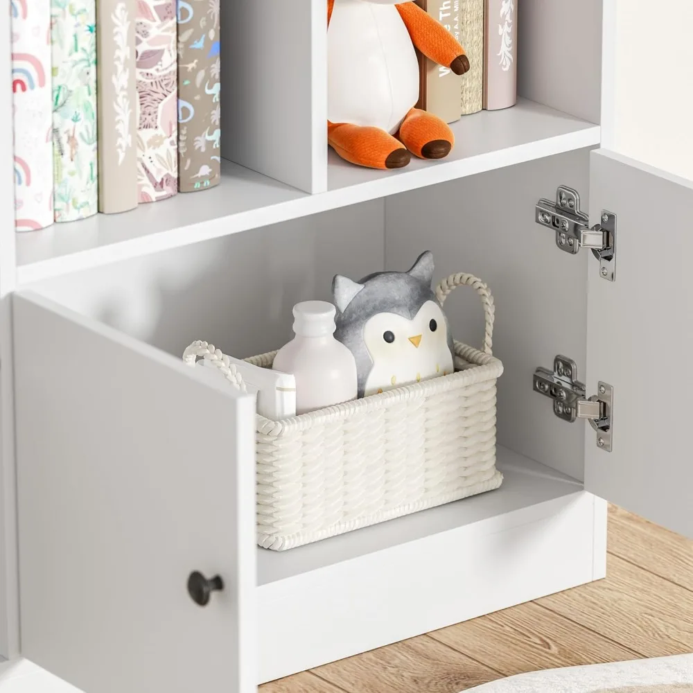 White Kids Bookshelf, Kids Bookcase with 11 Cubbies and 2 Cabinets, Freestanding Book Storage Shelves for Bedroom, Playroom