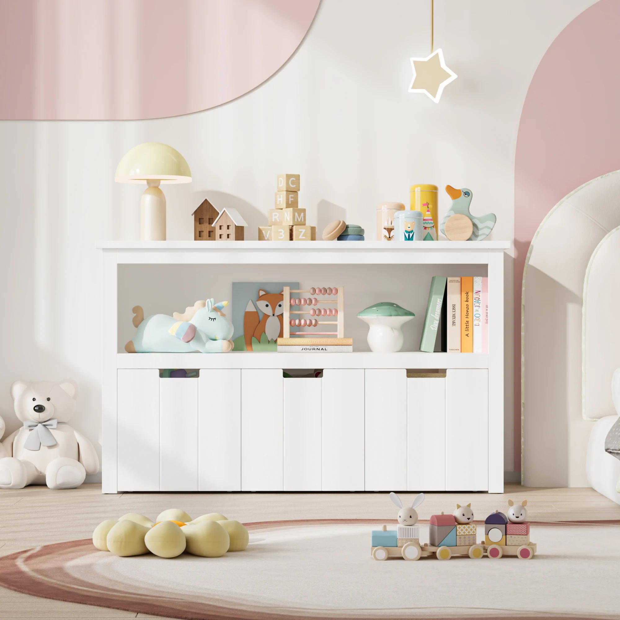 Getone Toy Storage Unit, libreria per bambini, 3 cassetti con ruote, armadietto per giocattoli, bianco 102x33x61,5cm