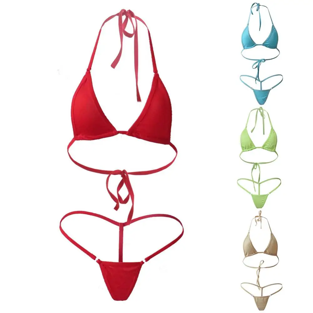 Maillot de bain d'été pour filles 2 pièces dame Sexy couleur unie licou Mini soutien-gorge string Bikini ensemble maillot de bain maillot de bain