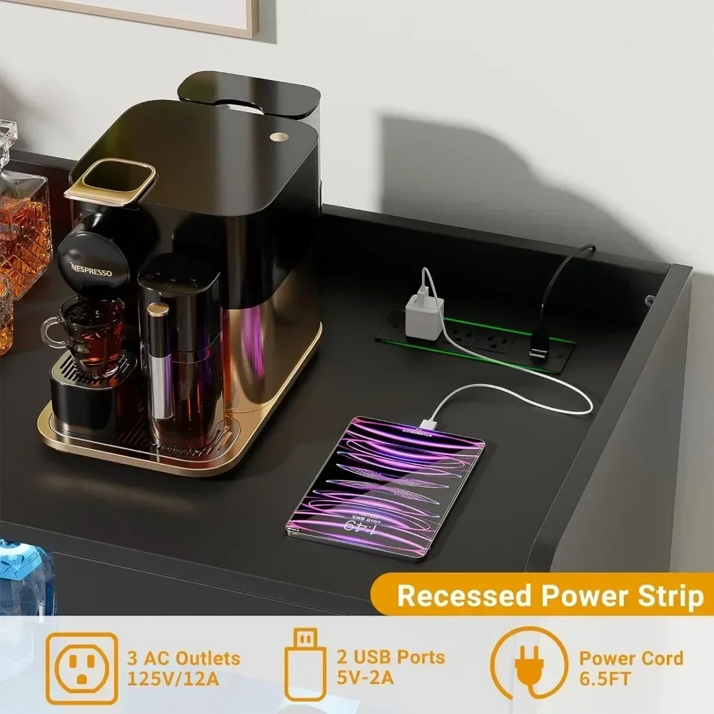 Liquor Cabinet Bar with Power Outlet & LED Light, Wine Bar Cabinet with Wine & Glasses Rack, Buffet Sid, Home Coffee Bar Cabinet