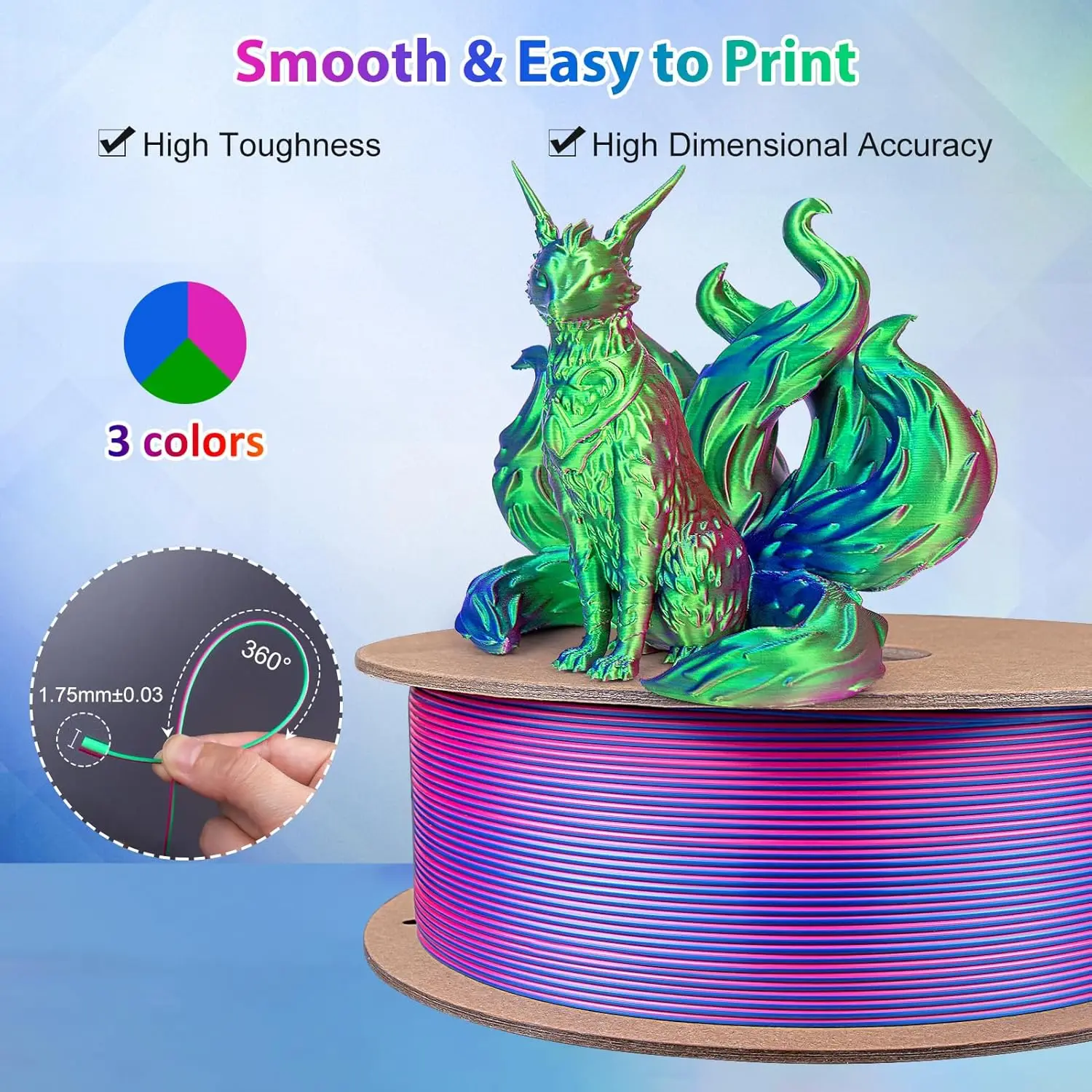 Filamento PLA Silk Triplo 250g 1.75mm - 3 Cores em 1, Brilho Intenso, Compatível com Impressoras 3D FDM