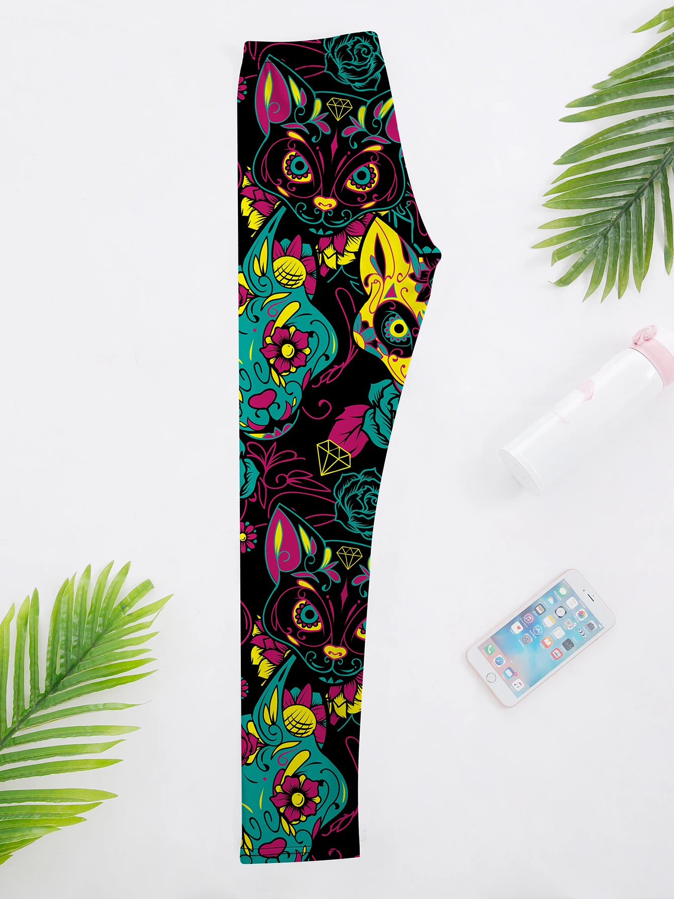 แฟชั่นผู้หญิงน่ารักแมวพิมพ์กางเกงขายาวสําหรับฟิตเนสเอวสูง GYM Legging Push Up ออกกําลังกายผู้หญิง Skull พิมพ์กางเกงขายาว