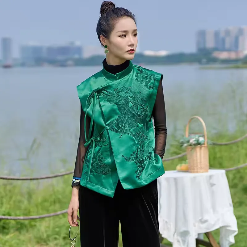 วินเทจสไตล์จีนOuterwearเสื้อกั๊กสีขาวCrane/ดอกไม้ปักLacingเสื้อฤดูใบไม้ผลิและฤดูร้อนผู้หญิงเสื้อผ้า