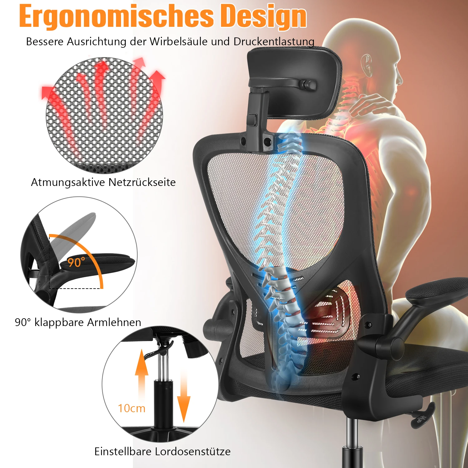 Sedia da ufficio in rete ergonomica 360 °   Scrivania per computer con sollevamento girevole, altezza regolabile