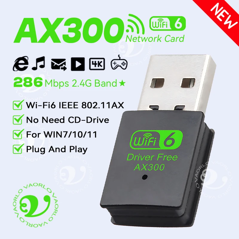 WIFI6 USB Wireless Network Card Adapter AX300 802.11AX 2.4GHz WI-FI Receiver Mini Dongle For PC Laptop Windows7/10/11 Drive Free