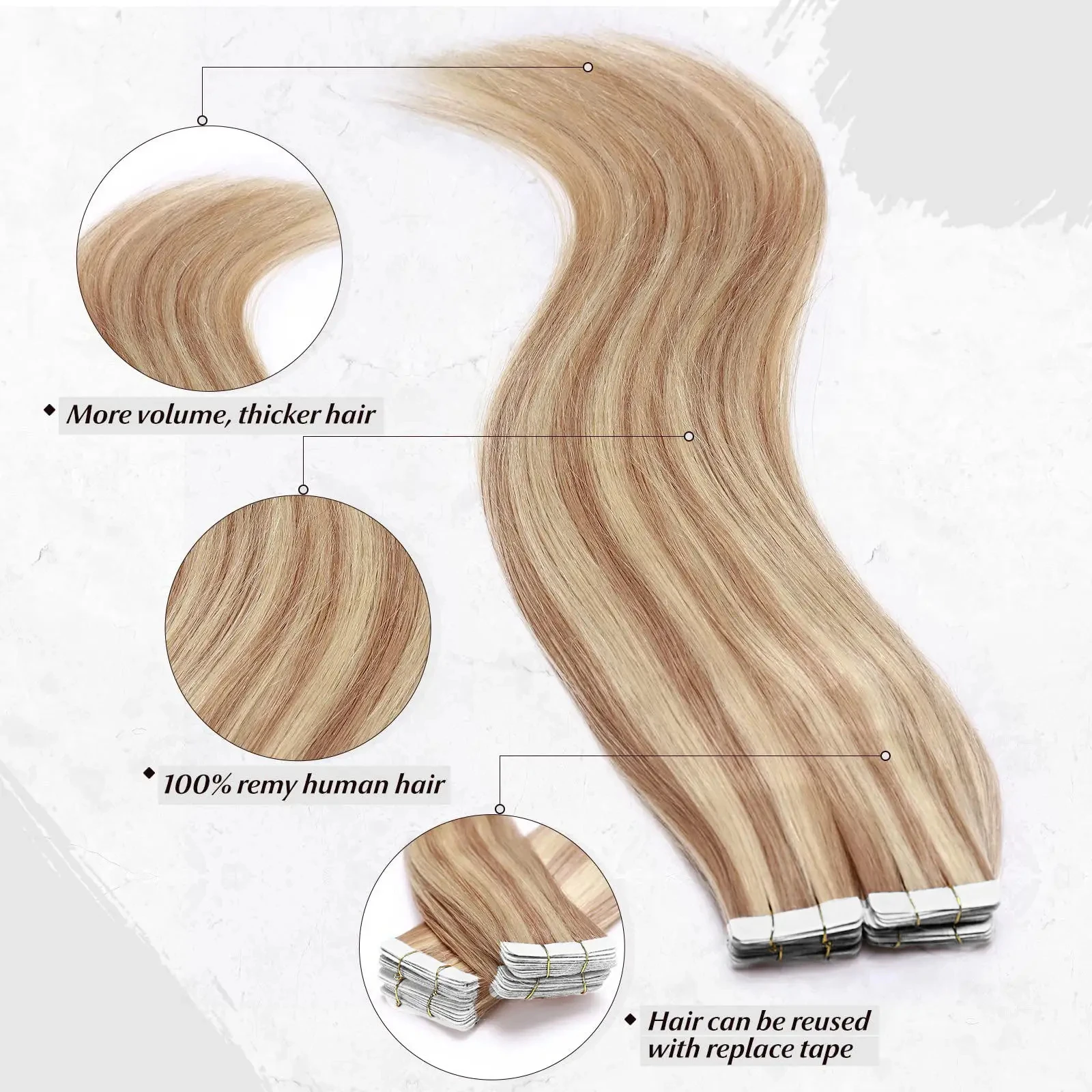 Fita reta de cabelo humano real em extensões dupla face para fita de trama da pele em extensões de cabelo 20 pçs extensões de cabelo sem costura