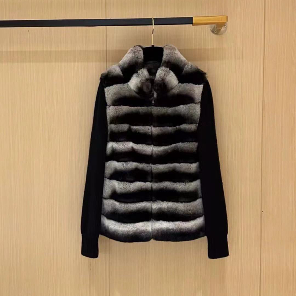 Jxwatcher Echte Rex Bontjas 2025, Lente Mode Wollen Jas Patchwork Gebreide Mouwen Dames Stand Kraag Bontjas Herfst Nieuwe Collectie