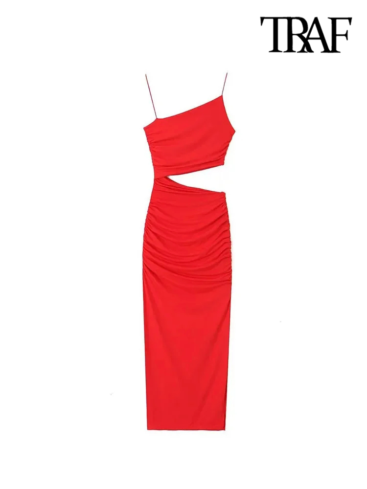 ONKOGENE Frauen Mode Mit Versammelt Aushöhlen Midi Kleid Sexy Asymmetrischem Hals Dünnen Trägern Weibliche Kleider Vestidos Mujer