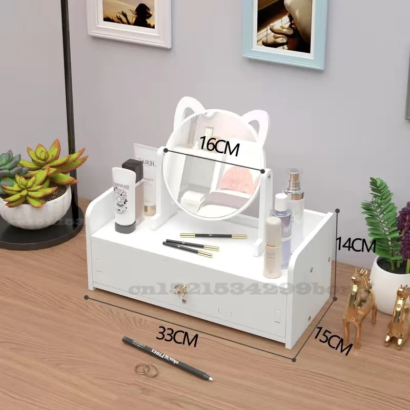 Home Dressing Table with Lovely Cats Mirror, Rotate Makeup Organizer, Nail Polish Brush, Jewelry Storage Box