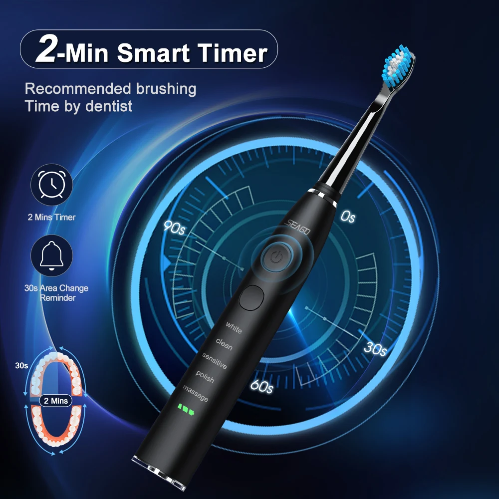 Seago 전기 음파 칫솔 USB 충전식 성인 360 일 롱 배터리 수명 선물로 4개의 교체 헤드SG-575