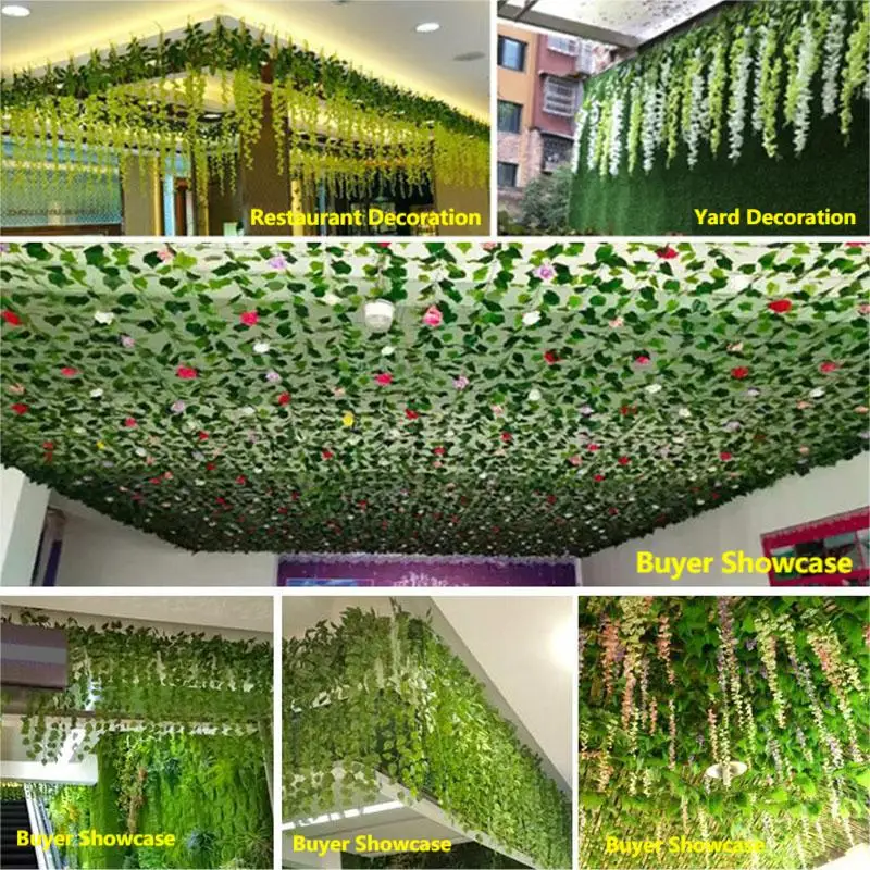 2.1M 녹색 아이비 잎 매달려 포도 나무 인공 화환 실크 벽 식물 홈 정원 장식 웨딩 파티 DIY 가짜 화환 잎
