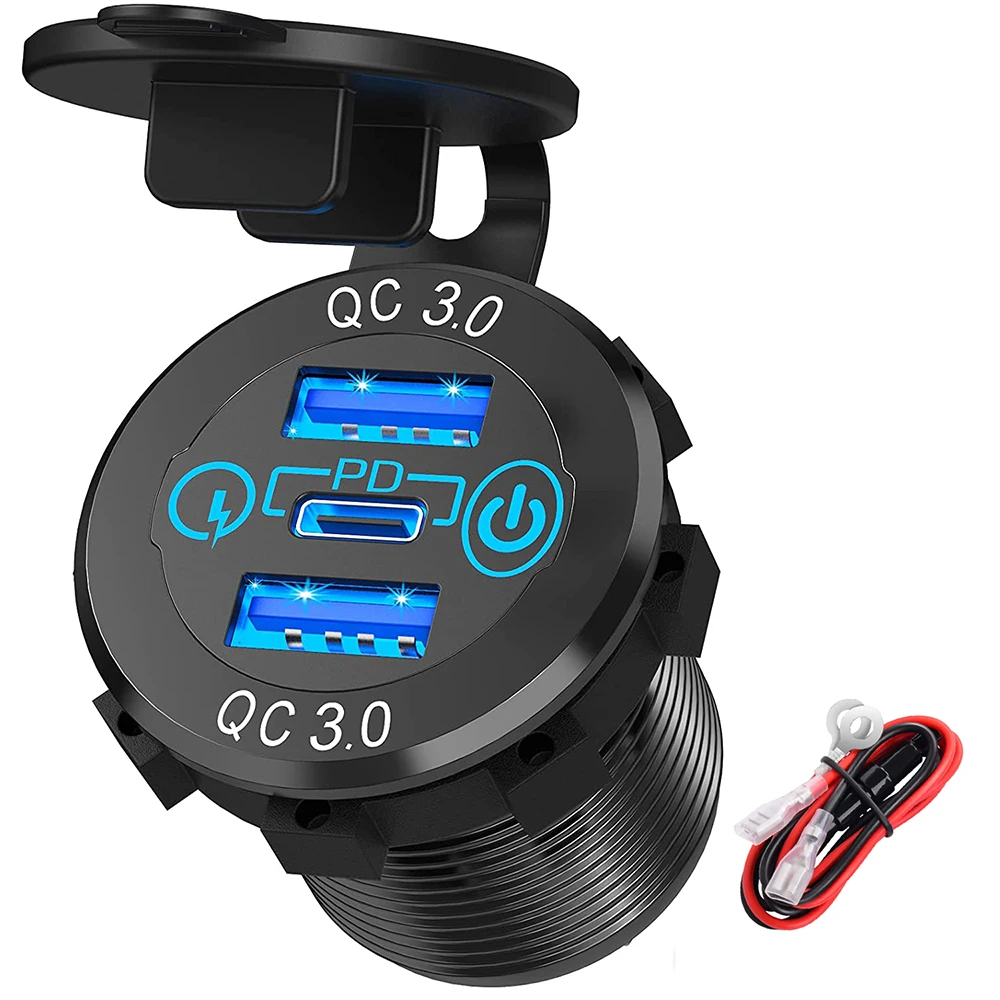DaierTek Auto-USB-Ladebuchse, Metall, 60 W, Autoladegerät, 12 V, 24 V, USB-Steckdose, PD, USB-C und zwei QC3.0-Anschlüsse, Touch-Schalter für Boot, Marine