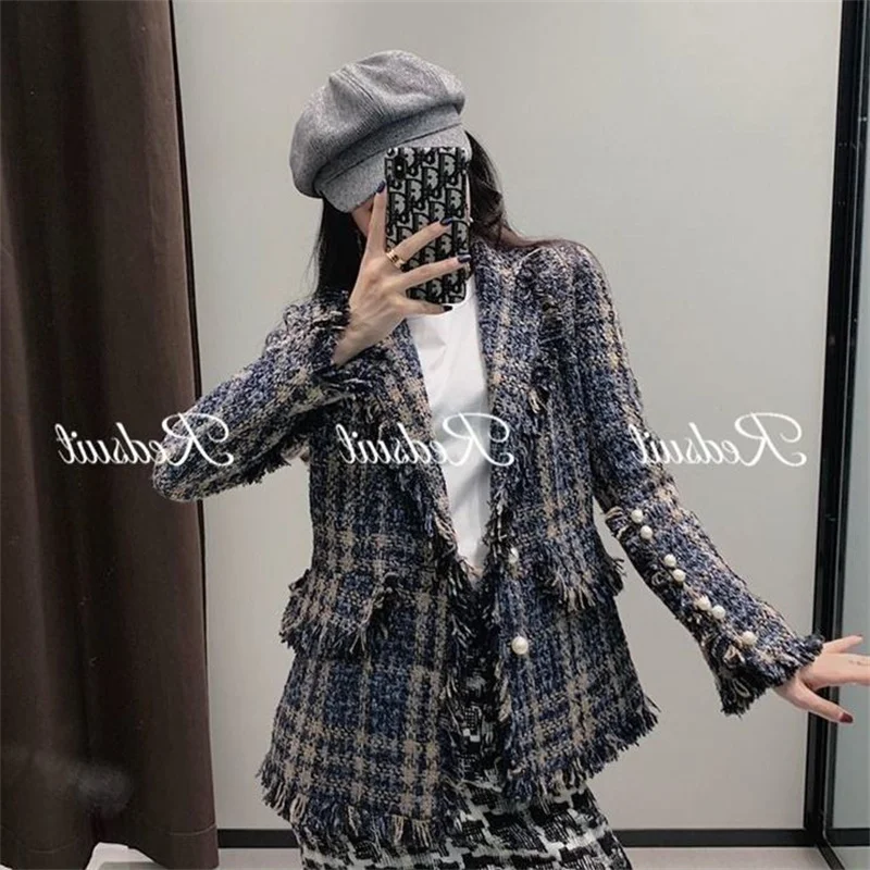 女性のカジュアルな春のスーツ,中程度の長さのジャケット,スリムフィット,ツイード,2021